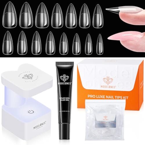 modelones X Nail Gel Kit Almond, 15Sizes Instant Apex False Nail Tips Solid Glue & Mini U/V Lamp, 240Pcs Medium Almond Pre-Building Thick Acrylic Press on Tips LED Light Extension Kit Women Gift