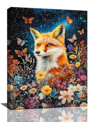 Lureix Fox Wall Art, Floral Butterfly Pictures Wall Decor Cottagecore Canvas Prints Framed Poster Artwork Paintings Home Office Decorations For Bathroom Bedroom Living Room Kitchen 12l X 16w