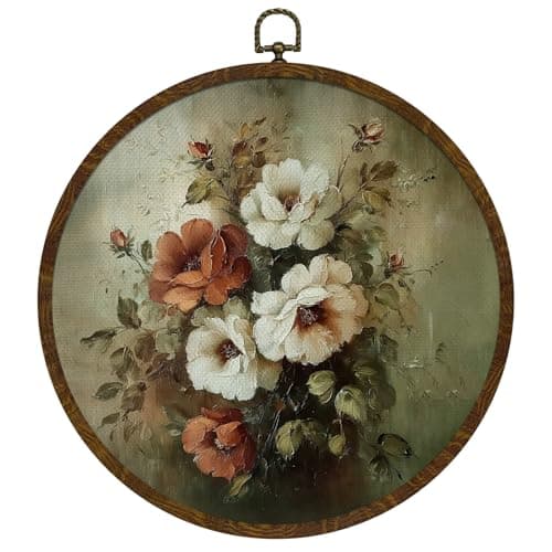 KLYTINK Vintage Floral Round Wall Art, 10x10 Inch European Classical Still Life Flower Canvas Prints, Elegant Botanical Wall Hanging Decor for Living Room or Bedroom Kitchen (Beige-Floral)