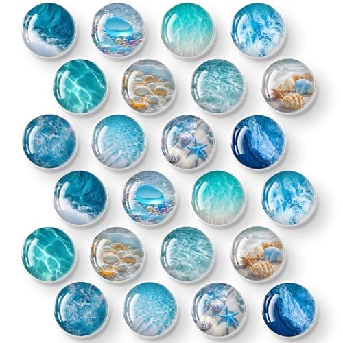 Thick 9mm 3D Glass Refrigerator Magnets 30mm Round – Strong Soft Magnet Backing, Heavy Duty Fridge Magnets for Photos, Notes, Whiteboard & Locker Use -24 Magnets(12 Designs of Sea, 2 of Each)