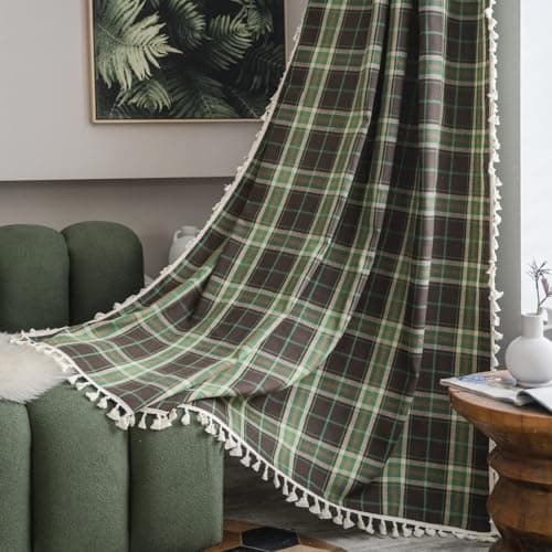 Sutuo Home Boho Curtains for Kitchen Nursery, Christmas Vintage Plaid Curtains Light Filtering rustic Farmhouse Tassels Bohemian Chechered Drape for Xmas Decor 1 Panel 52"W x 63"L, Dark Green Plaids