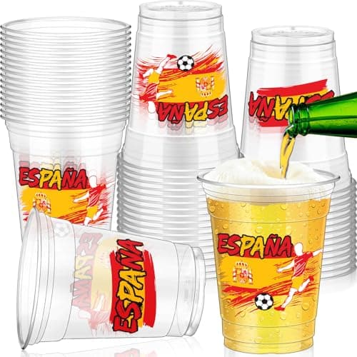 Jingmore 50 Pcs Soccer Plastic Cups 12 oz International Countries Soccer Disposable Plastic Cups Thick Clear Drinkware for Sports Games Party Supplies (Espana)