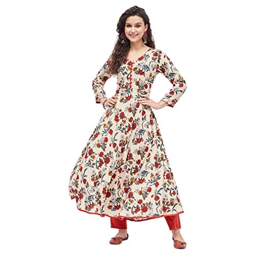 Tissu Women's Rayon Beige & Orange Floral Printed A-Line Kurta (2221_Beige_7XL)
