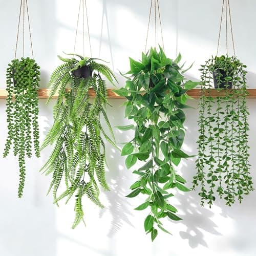 Der Rose 4Pcs Fake Plants Hanging Artificial Ivy Vine Faux Eucalyptus Hanging Plants, Boston Fern, String of Pearls for Living Room Aesthetic Bedroom Boho Kitchen Wall Shelf Indoor Outdoor Decor