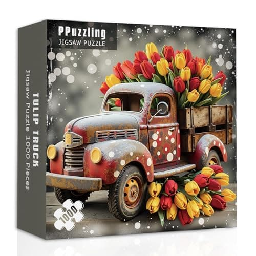 Vintage Truck Puzzles for Adults 1000 Pieces, Tulip Flower Farm Jigsaw Puzzles, Retro Spring Floral Art Puzzle