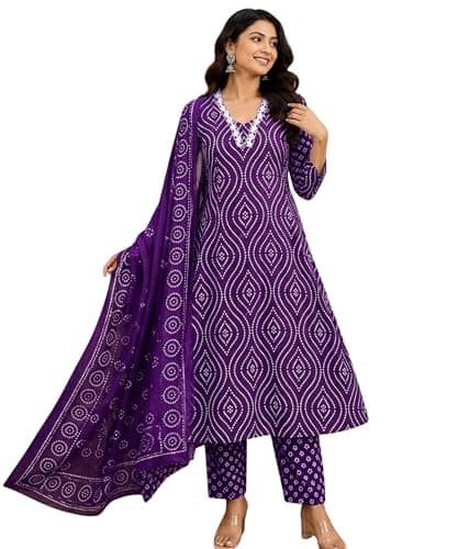 ZYLAURA Women’s Floral Printed Cotton Anarkali Kurta Set with Dupatta | Soft Pure Cotton Ethnic Wear (US, Alpha, XX-Large, Regular, Regular, Purple)