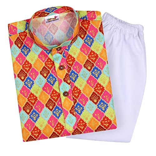 Superminis Baby Boys Printed Cotton Kurta With White Pyjama Dress (18-24 Months, Multicolor, Kurta Set)