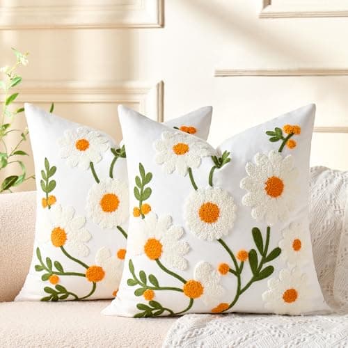 Embroidered Floral Throw Pillow Covers Decorative Tufted Couch Pillow Covers White Flowers Farmhouse Pillow Covers 20x20 Square Summer Cushion Cases Set of 2 for Living Room Couch Sofa Bed Home Decor