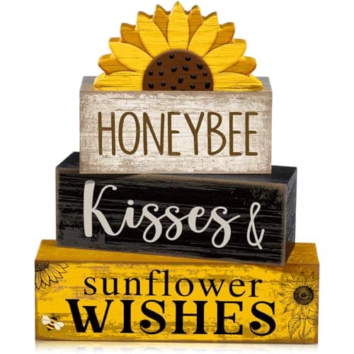 Lineshading 4 Pcs Summer Table Decor Wooden Sunflower Tiered Tray Decor Rustic Farmhouse Yellow Block Signs Gifts Summer Tabletop Centerpieces for Home Kitchen Coffee Bar Decorations
