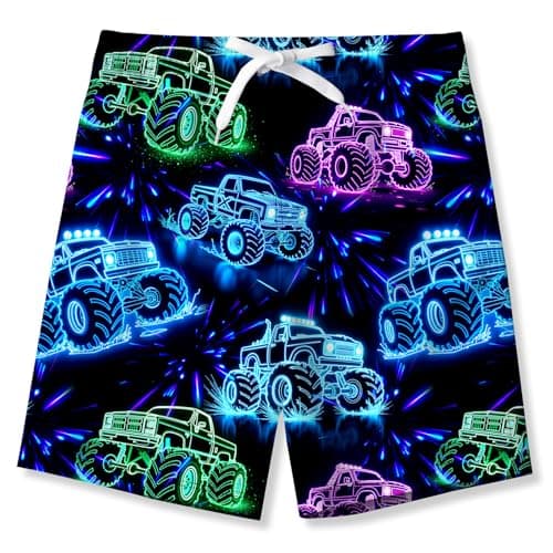 Idgreatim Boys Swim Trunks Size 13 14T Neon Swim Shorts for Teen Truck Printed Soft Swimsuit