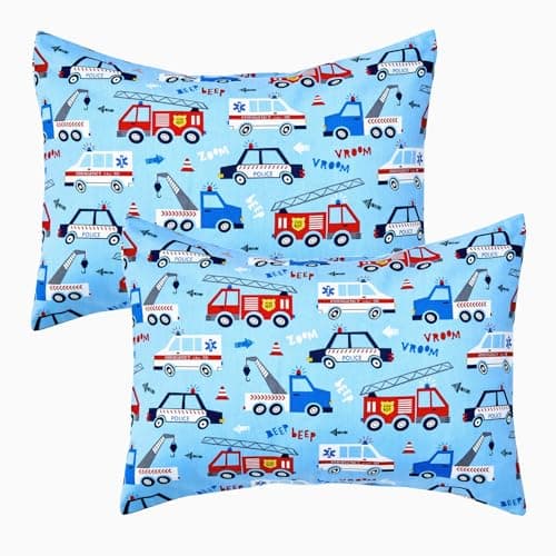 IBraFashion Toddler Pillowcases 2-Pack - 14x19 Inch Non-Slip Cotton Pillow Covers | Police Cars & Fire Engines Design - Stop Pillow Slipping for Preschool Nap Time | Hypoallergenic & Machine Washable