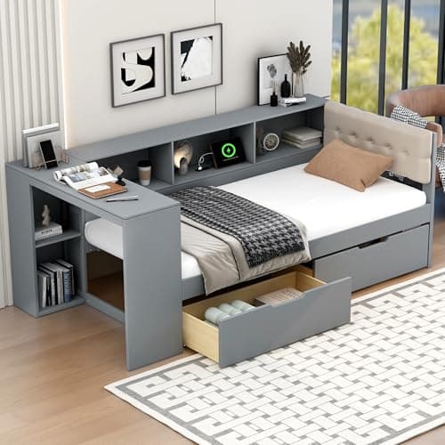 Merax Twin Size Platform Bed w...d Linen Headboard for Bedroom,
