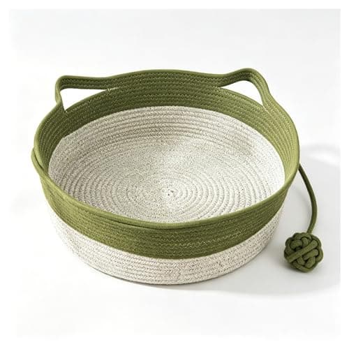 Interactive Cat Bed Basket Handwoven, Cotton Rope Stimulicat Cat Basket with Toy Ball, Foldable Scratchable Instinct Basket for CatsResistant Woven Cat(Green,L)