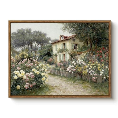 Bzstyleart Framed Vintage Wall Art, Vintage Wall Decor Aesthetic, Garden Villas Canvas Prints, Landscape Painting Picture, Bathroom Room Decor Gifts for Living Room Bedroom - 12 x 16 Inch