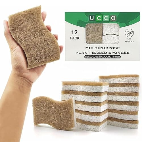 UCCO Eco Friendly Biodegradable Kitchen Sponges 12 Pack – Natural Compostable Cellulose with Coconut Scrubber – Sustainable Zero Waste Dish Sponges Set