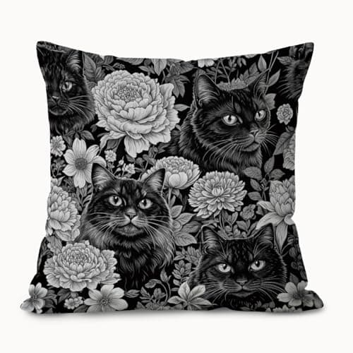 LIANGW Vintage Black Cat Floral Pillow Covers 18x18, Floral Room Decor, Dark Cottagecore Wildflowers Moody Cat Decorative Throw Pillow Covers Pillowcases for Bedroom Living Room Home Decor