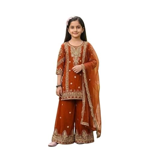 Cholista Girls Salwar Kameez Set with Dupatta for Kids Eid Special Ethnic Wear Traditional Dress for Girls (Orange, 12-13 Years)