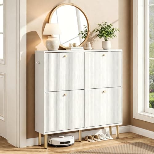 Nicetree White Shoe Cabinet fo...Shoe Organizer with Metal Legs
