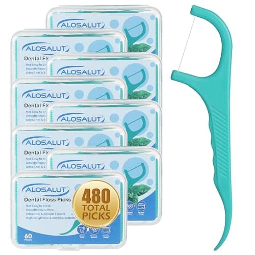 Alosalut 480 Count Dental Floss Picks – Mint Flavored Flossers with Built-in Toothpick for Deep Cleaning – 8 Portable Boxes of 60 – Strong & Smooth Floss Sticks for Family Home Travel for Adults