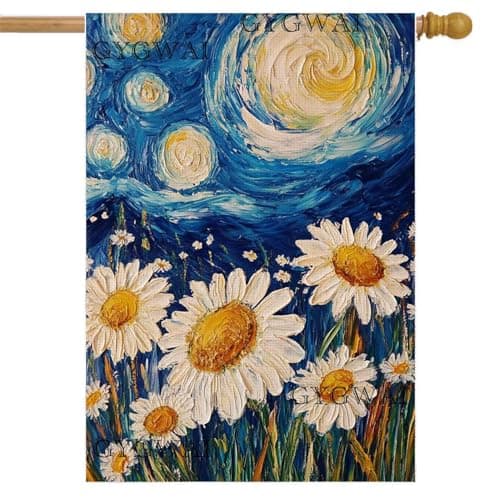 Spring Summer House Flag 28x40 Inch Double Sided, Starry Night Daisy Flower Welcome Burlap Yard Garden Flags Outside Outdoor Home Decoration