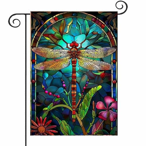 Stained Glass Spring Dragonfly Garden Flag 12x18 Inch Double Sided for Outside, Floral Small Burlap Yard Flag Seasonal Farmhouse Outside Outdoor Decor