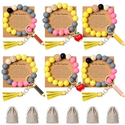 Landical 1/4/6 Set Teacher Appreciation Gift Bulk Wristlet Keychain Bracelet for Women Car Key Chain Thanks Card Giit Bags(Pencil Charm Bead,Colorful,6 Sets)