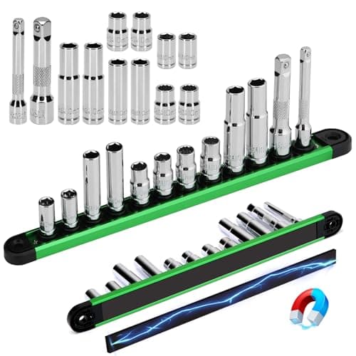 12-Piece 1/4" & 3/8" Drive 10mm Socket Set with 3-inch 3/8 & 1/4 Extension Bars | Deep & Shallow Mirror Finish Socket Set | Magnetic Storage Rail | Cr-V | 6 Point & 12 Point (13 Pack)