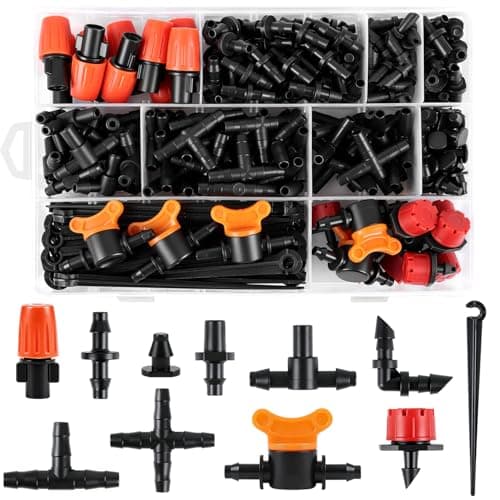 Copadri 230 Pcs 1/4 Inch Drip Irrigation Fittings Kit, 1/4" Dripline Complete Barbed Connectors- Nozzles, Micro Drips, Nozzle Tees, Single Barbs, Couplers, Tees, Valves, Elbows, Plugs, Crosses, Stakes