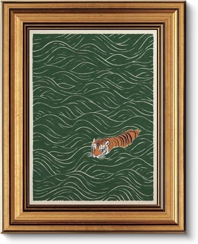 Gold Framed Wall Art, Japanese Tiger Canvas Prints – Maximalist Vintage Tiger Swimming Pictures Decor, Funny Eclectic Wild Animal Artwork for Living Room Bedroom 9x11 inch