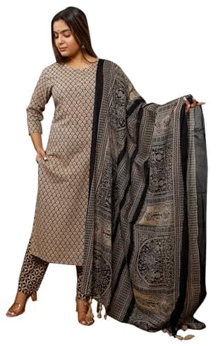 IMTRA FASHION Women Indian Kurti Set Pure Cotton Kurta Pant Set with Dupatta (Light Brown-3X-Large)