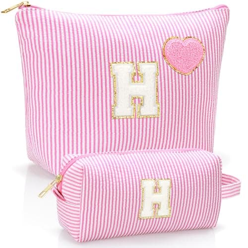 YILANCOL Initial Makeup Bag Personalized Preppy Cosmetic Bag Trendy Toiletry Travel Bag For Teen Girls Kids Women Letter Makeup Pouch Purse Holiday Gifts Birthday Gifts 2pack (H, Pink)