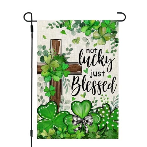 CROWNED BEAUTY St Patricks Day Garden Flag Shamrocks Clover Cross Blessed 12x18 Inch Double Sided Green Holiday Decoration for Outdoor Lawn Yard CF1931-12