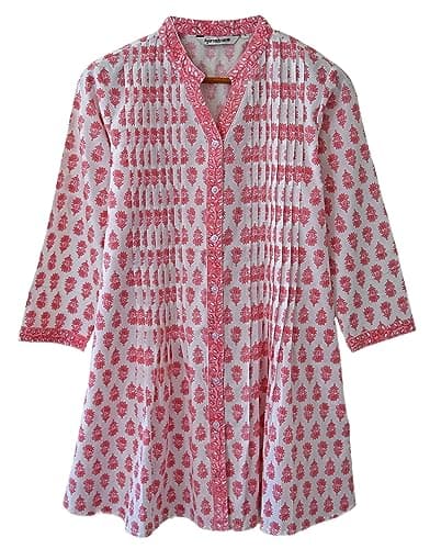 Juno Pure Cotton Printed Front Pleated Tunic Top Kurti Blouse, Pink, 5X