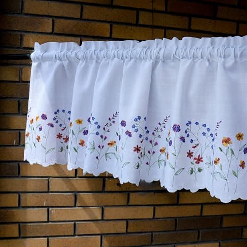 Siykkay PKT Floral Embroidery Curtain Valance, White Elegant Decorative Flowers Window Valances,Valances for Windows Living Room,Rod Pocket W52XL18 inch (Flowers)