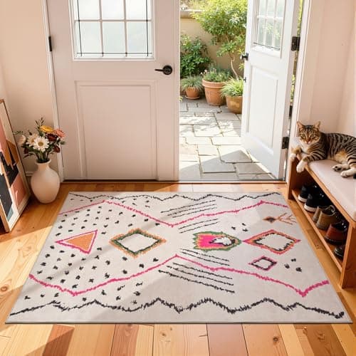 jinchan 3x5 Entryway Rug Beige Washable Modern Boho Rug Geometric Hot Nerd Doormat Soft Low Pile Non Slip Accent Mat Lightweight Cozy Throw Carpet for Kitchen Bathroom Bedroom Living Room Study Dorm