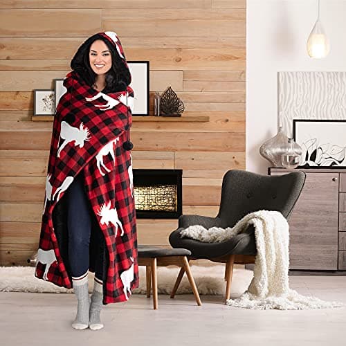 Premium Wearable Hooded Blanke...hrow Blanket (Red Plaid Moose)