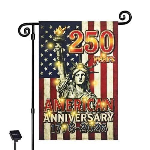 FLAGMESAGE Lighted 250th Anniversary USA Garden Flag for Outside, Solar Led Double-sided Patriotic Banner with 1776-2026 250 Years of American Freedom Design for Independence Day, July 4th Decor (LED Statue of Liberty, 12 x 18 Inch)