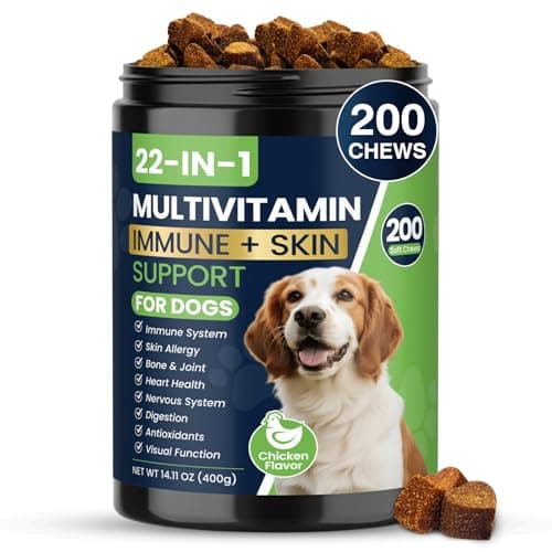22-in-1 Dog Vitamins and Supplements 200 Chews Dog Multivitamin Chewable Containing Omega-3 Quercetin Probiotics Multivitamin for Dogs Beneficial for Joint Skin Coat Immunity Intestinal Digestion