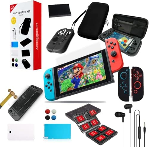 nimo 13in1 Carrying Case Bundle for Switch and Joy-Con, All-in-One Shockproof Travel Bag with Tempered Glass Screen Protector, Silicone Covers, 10 Game Card Slots - Black