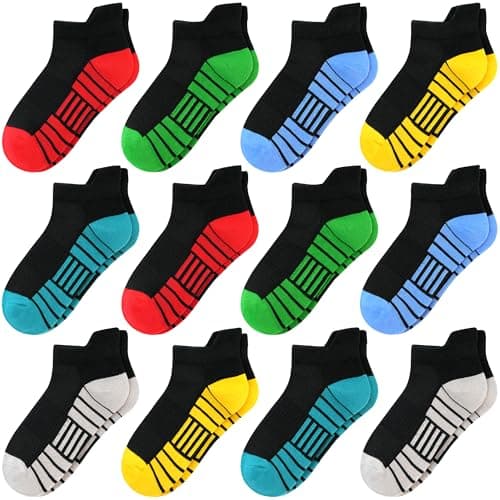 SPTRAMLE 12 Pairs Boys Socks, Athletic Socks for Boys Ankle Sock Cotton Running Sock with Tab for Kids 7-10 Years