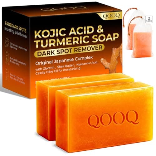 QOOQ Turmeric Kojic Acid Soap for Dark Spots Remover – Facial Cleansing Bar with Vitamin C, Retinol, Collagen, Vitamin E, Glycerin, Shea Butter & Castile Olive Oil – Soap for Women & Men (120g x 2)