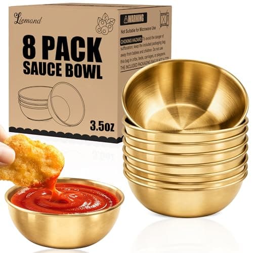 LIEMAND Stainless Steel Small Dipping Bowls, 3.5oz Stackable Round Small Bowls For Dips, Ramekins, Side Dish, Snacks, Nuts, Meal Prep, Charcuterie Accessories, Soy Sauce Dish-8Pack Gold