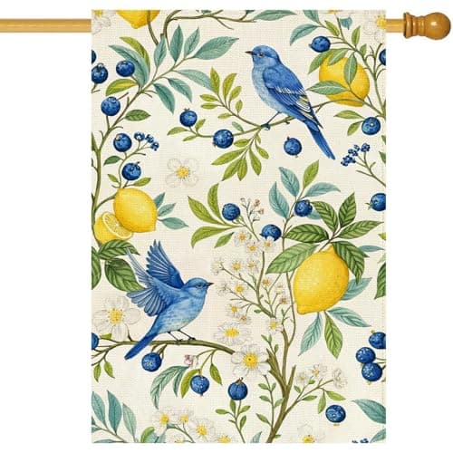 Baccessor Spring Summer House Flag 28 x 40 Inch, Lemon Blueberries Bird Double Sided Burlap Welcome Large Yard Flag Seasonal Holiday Lawn Proch Outdoor Outside Decor