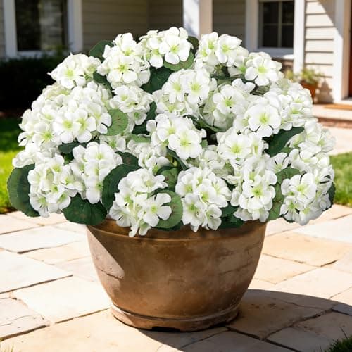 Besteek 8 Pcs 17" Artificial Geranium Flowers for Outdoors, Fake Silk Flowers UV Resistant Realistic Faux Geranium Plants for Front Porch Door Garden Yard Window Planters Outside Home Decor, White