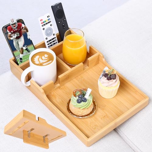 Acanacle Couch Tray Insert for Middle Seat, Bamboo Couch Table with 2 Cup Holders, Fits Armless Sofa & Sectionals, Fold-Flat Tray for Drinks, Snacks & Remotes, Natural Bamboo