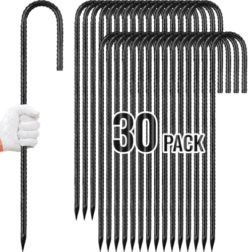 Rebar Stakes 12 Inch, Ground Stakes Heavy Duty J-Hook Black Coated Anti-Rust Heavy Duty Ground Anchors for Garden Dog Fence Chicken Coop Christmas Decorations Deer Fence 30pcs