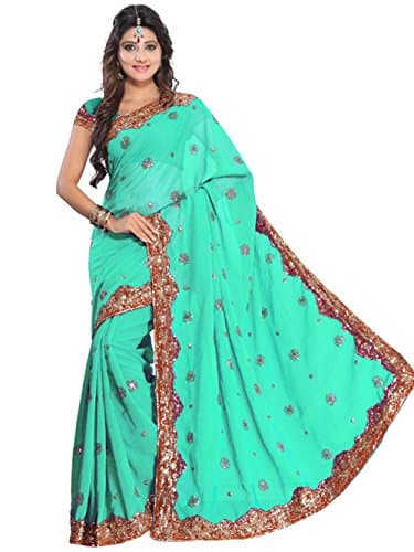 Indian Trendy Women's Bollywood Sequin Embroidered Sari Festival Saree Unstitched Blouse Piece Costume Boho Party Wear (Turquoise)