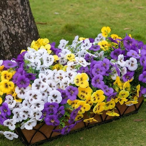 SupBri Artificial Silk Pansy Flowers with Decorative Butterflies, UV Resistant Waterproof No Fade Fake Flowers  (White Purple Yellow, 12 Bundles) $8.49