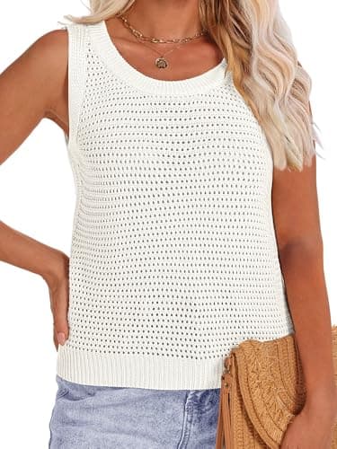 Bagavs Womens Crochet Tank Tops Sleeveless Summer Knit Crop Tops Crewneck Hollow Out Sweater Vest(White, Medium)