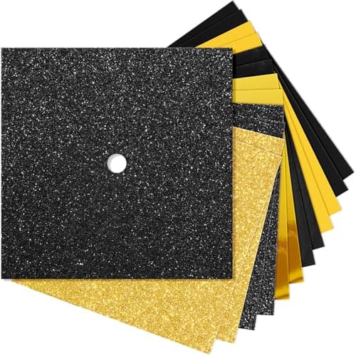 Gersoniel 12 Sheets 10 x 10 Inch Glitter Construction Paper for Graduation Cap Decorations, Colorful Glitter Card Stock Paper for Grad Topper Caps Cover DIY Project Scrapbook Office(Black and Gold)